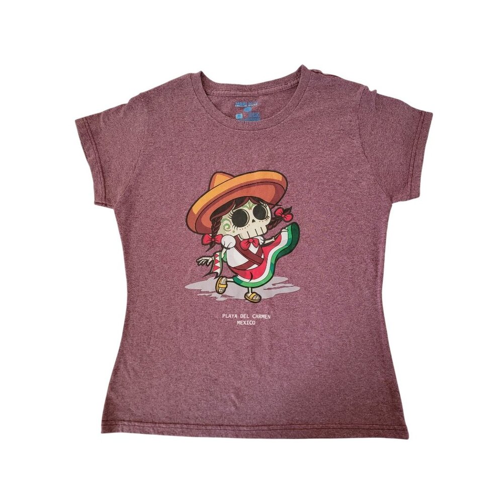 Mexican Skull Cartoon T-Shirt Maroon L 100% Cotton Made In Mexico By Maré Blue